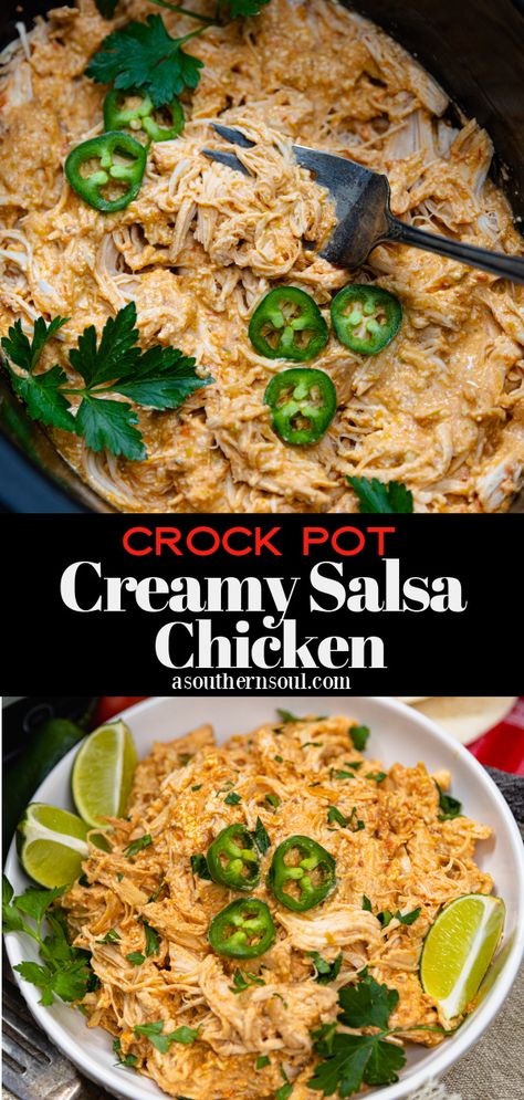 Crock Pot Creamy Salsa Chicken is a simple 3-ingredient recipe that combines tender chicken, zesty salsa, and cream cheese into a main dish masterpiece! It’s terrific served for tacos, nachos, over rice, and salads for easy weeknight meals, and it’s perfect for feeding a crowd. Creamy Salsa Chicken, Salsa Chicken Recipe, Soul Recipes, Chicken Salsa, Creamy Salsa, Salsa Chicken, Cream Cheese Chicken, Easy Meal Plans, Southern Food