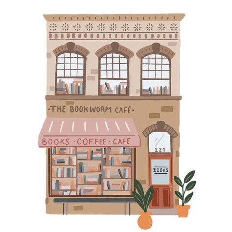 Book Cafe Illustration, Toy Shop Illustration, Illustration Of Books, Bookstore Poster Design, Library Aesthetic Drawing, Shop Illustration Store Fronts, Book Shop Drawing, Bookshop Painting, Library Drawing Illustration