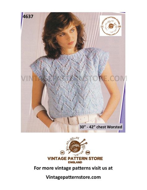 Womens 90s fun quick and easy to knit bold eyelet lace lacy cap sleeve sweater vest jumper pdf knitting pattern 30 to 42 Download 4637 Summer Pointelle Knit Sweater Vest, Spring Knitted V-neck Vest, Summer Knitted V-neck Vest, Knit V-neck Sweater Vest With Buttons, Vintage Knit V-neck Sweater Vest, Cap Sleeve Sweater, Lace Sweater, Vintage Knitting Patterns, Eyelet Lace