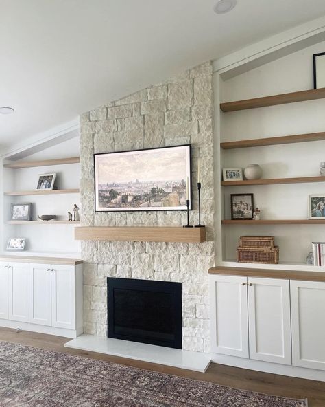 2023 Fireplace, Fireplaces Living Room, Faux Foyer, Stone Tile Fireplace, Lakehouse Living Room, Stone Electric Fireplace, White Stone Fireplaces, Stacked Stone Fireplace, Stone Fireplace Wall