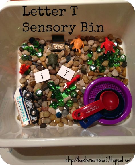 TeacherMomPlus3: Letter T Sensory Bin Sensory Tables, The Letter T, Classroom Idea, Letter Of The Week, Sensory Table, Sensory Bin, Alphabet Art, Alphabet Activities, Preschool Fun