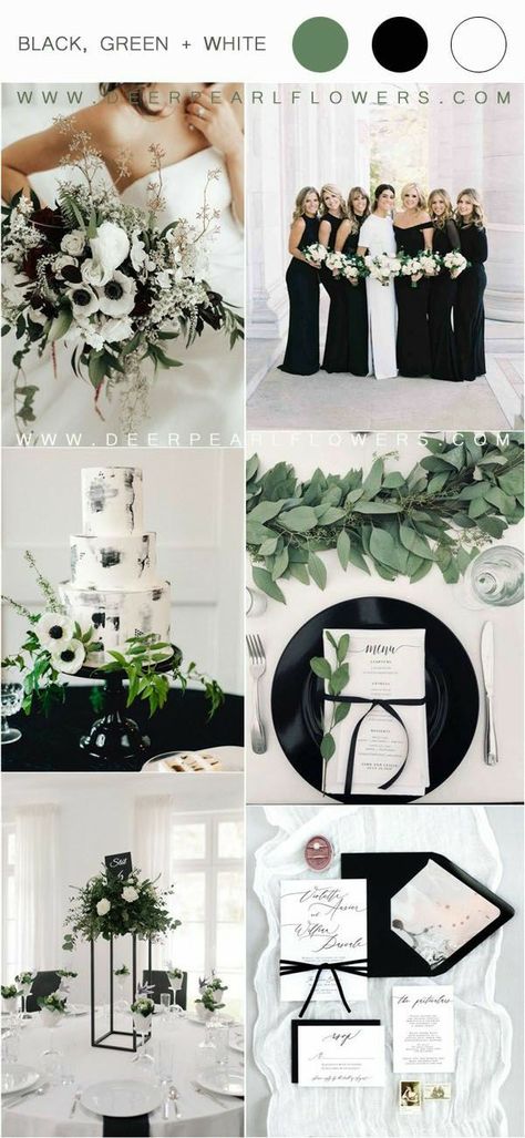 Champagne Sage Green Black Wedding, All Black Wedding With Greenery, Wedding Colors Black And Green, Wedding Idea Color Schemes, White Black Sage Wedding, Black Cream Green Wedding, Black Green Wedding Color Palettes, Modern Green And White Wedding, Black Sage And White Wedding