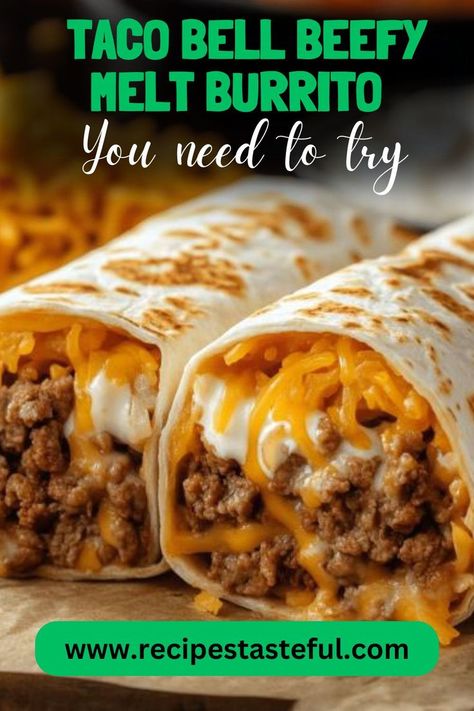 Recreate the cheesy, crunchy goodness of Taco Bell’s Beefy Melt Burrito at home! This recipe features seasoned ground beef, refried beans, Mexican rice, and crunchy chips all wrapped in a warm tortilla, making it a perfect comfort food choice. Refried Beans Mexican, Ground Beef Burritos, Bean Burritos Recipe, Burritos Beef, Beans Mexican, Beef Burrito Recipe, Bean Burritos, Burrito Recipe, Burritos Recipe