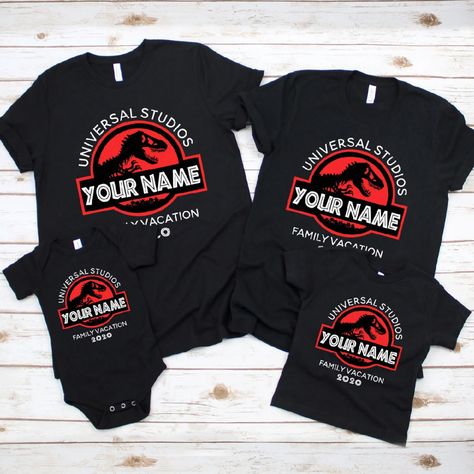 Universal Studios Family Shirt Ideas, Family Disney Outfits, Universal Studios Jurassic Park, Family Trip Shirts, Orlando Florida Universal Studios, Universal Studios Orlando Trip, Custom Sports Shirts, Florida Family Vacation, Disney Family Vacation Shirts