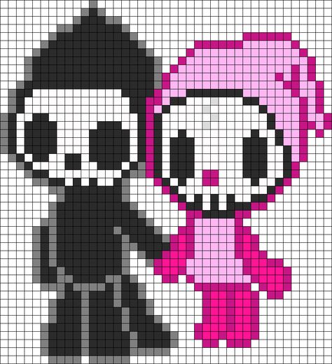 Pareja muerte Tokidoki Adios And Ciao Ciao, Adios And Ciao Ciao, Tokidoki Adios, Perler Halloween, Minecraft Templates, Modele Pixel Art, Kandi Cuffs, Fuse Bead Patterns, Easy Pixel Art