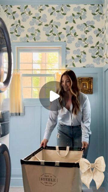 erika | home with a bow🎀 on Instagram: "🧺LAUNDRY ROOM REVEAL🧺 hope it’s worth the wait for y’all!  Comment LAUNDRY for links!  I am in LOVE 🫶🏻 with the @riflepaperco hydrangea wallpaper I added to this space, the board and batten wall moulding, our new @electrolux laundry tower, and our black utility sink and other accents from @homedepot (gifted) - I wanted this place to be bright and cheerful to actually encourage me to do laundry haha!  So far so good!  What do you guys think of this more bright design?  . . . . . #laundryroom #smallspaces #smallspacesquad #roommakeover #riflepaperco #wallpaperdecor #vintagemodern #modernvintage #modernvictorian #homereno #wallmoulding #boardandbatten" Board And Batten And Wallpaper, Black Utility Sink, Laundry Tower, Hydrangea Wallpaper, Wall Moulding, Batten Wall, Board And Batten Wall, So Far So Good, Big Kids Room