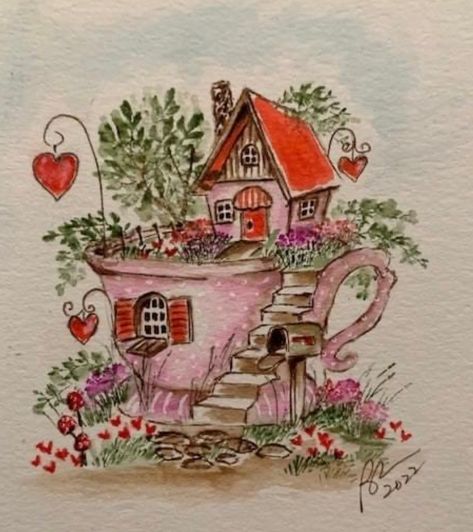 Cup House Illustration, Teacup House Drawing, Fairy House Drawing, House Doodle, Watercolor Art Journal, Storybook Art, Everyday Art, Hur Man Målar, Art Impressions