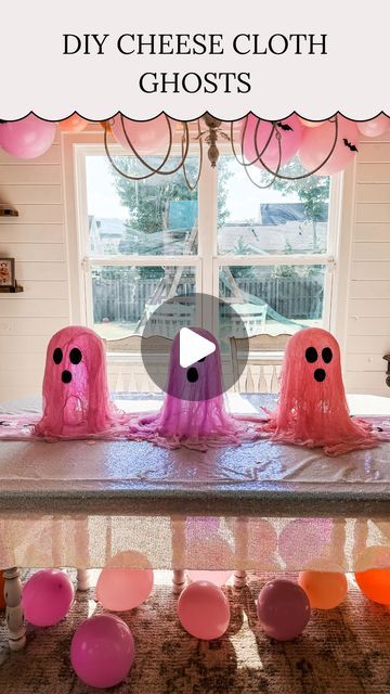 Kelsi Savage on Instagram: "👻 DIY Cheesecloth Ghosts 👻⁣
⁣
These were SO fun to make! I just mixed white glue, water and some pink and purple paint to make the mixture! Next I blew up a balloon and layed it over a vase to make my mold. Then I dipped my cheesecloth into the mixture before covering the balloon! Wait 24 hrs and then you can pop the balloon and you have a cute little cheesecloth ghost! ⁣
.⁣
.⁣
.⁣
.⁣
#halloween #halloweendiy #diyhalloween #halloweeneveryday #halloweeniscoming #spooky #spookyseason #spookyszn #halloweendecor #halloweendecorations #halloweendecoration #diyhalloweendecorations" Paint Your Own Pumpkin Party, Pink And Purple Halloween Party, Pink Halloween Crafts, Ghost Centerpieces Diy, Gauze Ghosts Diy, Halloween Diy Decorations For Kids, Pink Ghost Decor, Diy Halloween Painting, Haloween Decoracion Diy