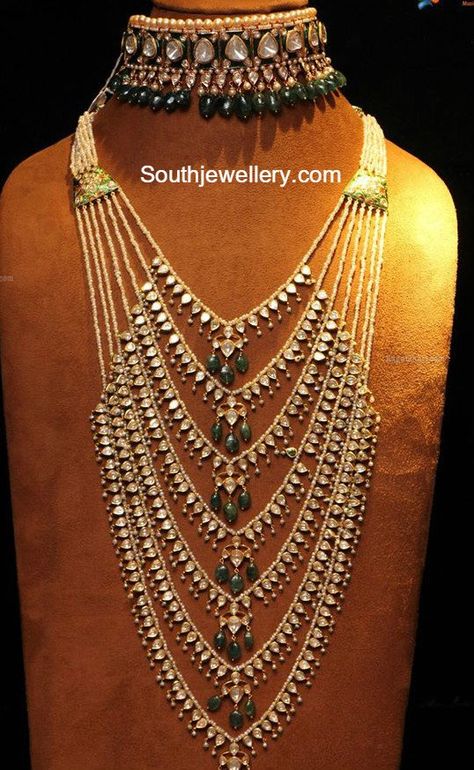 jewelry beads choker crafts 2016 | Polki choker and satlada haar adorned with pearls, emerald beads and ... Talwar Jewellers, Latest Indian Jewellery, 22 Carat Gold Jewellery, Polki Choker, Beads Choker, Bridal Jewellery Design, Jewellery Bridal, Jewellery Wedding, Gold Necklace Indian Bridal Jewelry