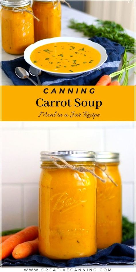 Pressure canning carrot soup is simple to do with few ingredients. Customize this recipe to your taste by adding dried spices like ginger. If you want to start canning meals in jars, homemade carrot soup is so satisfying and the perfect heart soup recipe to try this winter! You'll love this pressure canning recipe. Canning Carrot Soup, Carrot Recipes For Canning, Carrots Canning Recipes, Carrot Canning Recipes, Canned Carrot Recipes, Canning Ginger, Canning Carrots Recipes, Soup Canning Recipes, Canning Soups