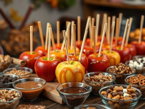 How to Create the Perfect Caramel Apple Bar for Fall Gatherings Caramel Apple Dip Bar, Candy Apple Bar, Caramel Apple Bar, Apple Bar, Caramel Apple Bars, Apple Nachos, Chocolate Dipping Sauce, Caramel Apple Dip, Nacho Bar