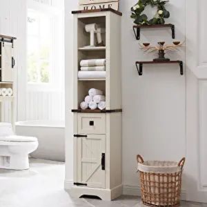 Amazon.com: OKD Bathroom Storage Cabinet, Farmhouse Storage Cabinet with Adjustable Shelves & Storage Drawer, Tall Linen Tower for Bathroom, Living Room, Laundry Room, Rustic Oak with Antique White : Home & Kitchen Small Bathroom Storage Cabinet, Farmhouse Storage Cabinets, Tall Bathroom Storage Cabinet, Small Storage Cabinet, Farmhouse Storage, Pantry Storage Cabinet, Bathroom Floor Cabinets, Barn Door Designs, Furniture Storage Cabinets