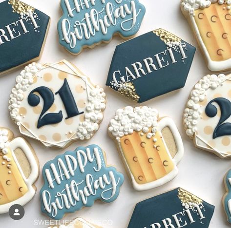 21st Birthday Cookies, 21st Birthday Boy, Cookie Cake Birthday, Cookie Company, Sugar Cookie Designs, Happy 21st Birthday, Creative Cookies, Birthday Party 21, Instagram Happy Birthday