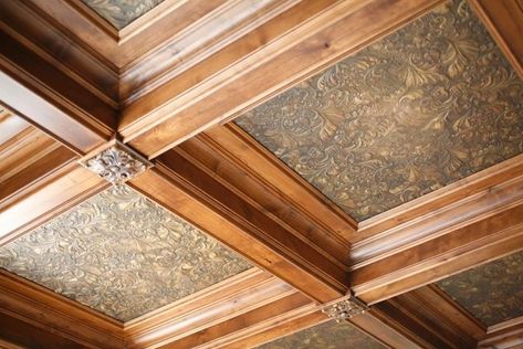 How To Create A Vintage Ceiling: 3 Ways And 20 Ideas | DigsDigs Wallpaper Coffered Ceiling, Wood Coffered Ceiling, Coffered Ceiling Ideas, Waffle Ceiling, Coffer Ceiling, Vintage Tin Ceiling Tile, Coffered Ceiling Design, Ceiling Paper, Speakeasy Decor