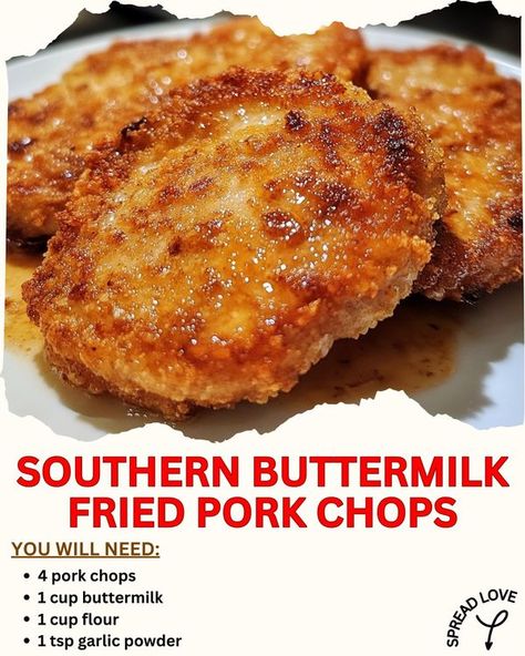 Crenn Recipes | Southern Buttermilk Fried Pork Chops | Facebook Buttermilk Fried Pork Chops, Crenn Recipes, Southern Fried Pork Chops, Fried Pork Chop Recipes, Bacon Gravy, Pork Meals, Recipes Southern, Country Fried, Fried Pork Chops