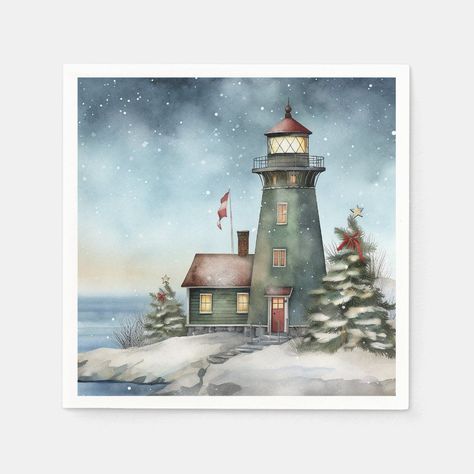 Winter Lighthouse Nautical Beach Christmas Holiday Editable Template Christmas Lighthouse Painting, Winter Village Art, Winter Lighthouse, Nautical Door, Lighthouse Paintings, Coastal Winter, Lighthouse Watercolor, Holiday Napkins, Winter Whimsy