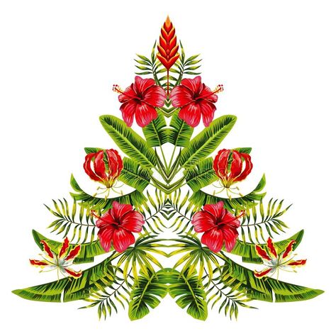 Christmas tree made of exotic tropic flowers and palm leaves. Vector painting ch , #spon, #palm, #flowers, #Vector, #leaves, #tree #ad