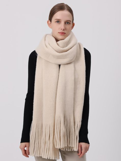 Beige Casual Collar  Fabric Plain Scarf Embellished   Women Accessories Hailey Baldwin Style, Thick Scarf, Trim Scarf, Plain Scarves, Beige Scarf, Kylie Jenner Outfits, Scarf Outfit, Chunky Scarves, White Scarves