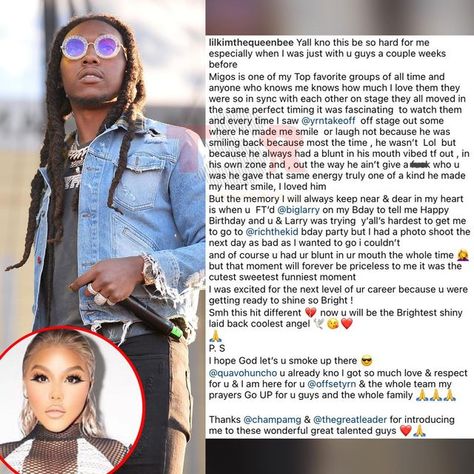 The Shade Room on Instagram: "#TSRPrayersUp: #LilKim shares a touching message about #Takeoff. She sends her prayers to both #Quavo and #Offset.🙏🏾🕊 (📸: @gettyimages )" He Makes Me Smile, Nipsey Hussle, Lil Kim, In Sync, Perfect Timing, The Shade, Make Me Smile, All About Time, Shades