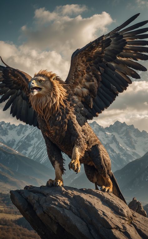 Hybrid eagle x lion Griffin Mythical, Lion With Wings, Ocean Creatures Art, Most Dangerous Animals, Mythical Creature Art, Big Cats Photography, Rugged Mountains, Swirling Clouds, Eagle Eyes