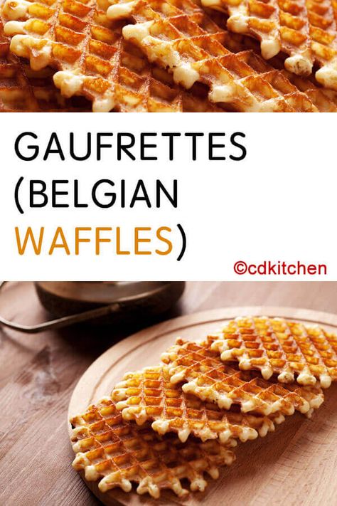 Gaufrettes (Belgian Waffles) - No maple syrup for these waffles. Belgian-style means flat, crispy gaufrettes that are more like cookies than fluffy, butter-topped breakfast waffles--cinnamon, butter, and rum make them crazy tasty. Made with all-purpose flour, sugar, cinnamon, baking powder, sweet butter, eggs, rum | CDKitchen.com