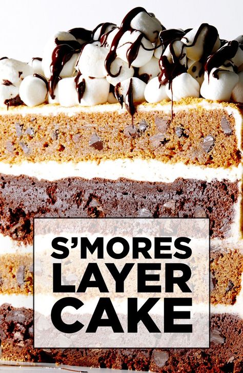 Cake With Layers, Chocolate Hazelnut Cake, Smores Cake, Marshmallow Frosting, Hazelnut Cake, Layer Cake Recipes, S'mores, Toasted Marshmallow, Fudgy Brownies