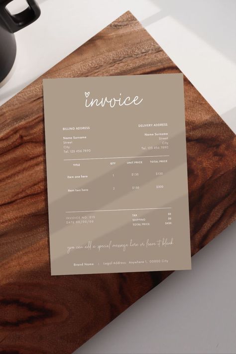 beige invoice template with white script font Invoice Design Creative, Digital Receipt, Small Business Invoice, Invoice Design Template, Jewelry Packaging Design, Business Invoice, Elements Canva, Business Ppt, Keyword Elements Canva