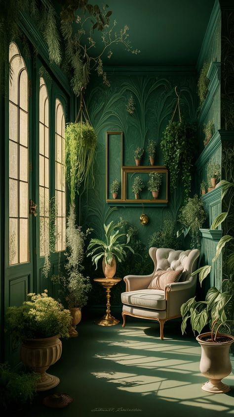 Transform your space with a serene room featuring lush green wallpaper and intricate botanical patterns. Natural light filters through vintage windows, creating a calming atmosphere. Enhance your décor with vibrant houseplants, a cozy reading nook, and framed botanical art, all harmonized with subtle gold accents. Discover tranquility and elegance in your home with the green wallpaper aesthetic. #InteriorDesign #HomeDecor #GreenWallpaper #BotanicalArt Serene Room, Green Wallpaper Aesthetic, Framed Botanical Art, House Aesthetics, Green Windows, Calming Atmosphere, Nature Inspired Decor, Atlanta Homes, Vintage Windows