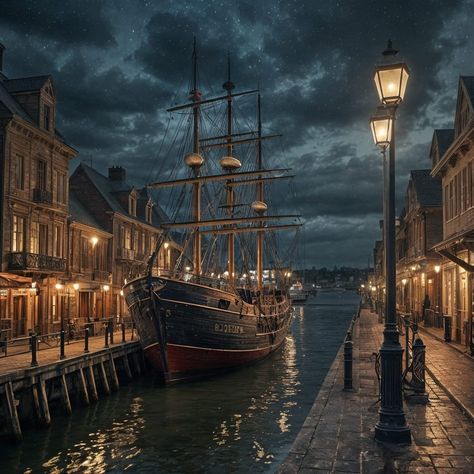 A vintage port town. #vintage #port #1800s #ship #harbor #town #aiart #aiartcommunity #aiartwork #artist #digitalart #digitalcreator #nightcafestudio Port Town Aesthetic, Fantasy Port Town, Port Aesthetic, Port Town, Harbor City, Harbor Town, Harbour Town, Old Port, Night Art