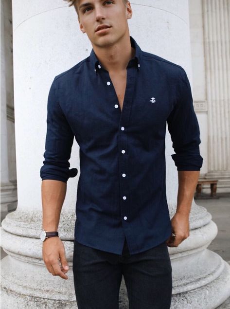 Navy Blue Shirt Outfit Mens Casual, Navy Shirt Outfit Men, Navy Blue Shirt Outfit, Ted Pullin, Navy Blue Dress Shirt, Blue Oxford Shirt, Black Outfit Men, Polo Shirt Outfits, Polo Outfit