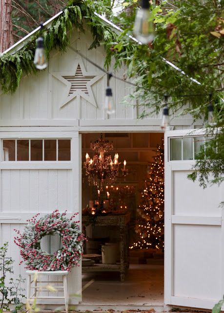 Charming farmhouse barn decorated for Christmas with a classic Christmas tree, twinkling lights, and soft florals. #christmasdecor #farmhousestyle #frenchcountry Christmas Lights Outdoor Trees, Outside Diy, Vintage Inspired Christmas Tree, Lights Outside, Christmas Barn, Christmas Lights Outside, Christmas House Lights, Vintage Inspired Christmas, Classic Christmas Tree