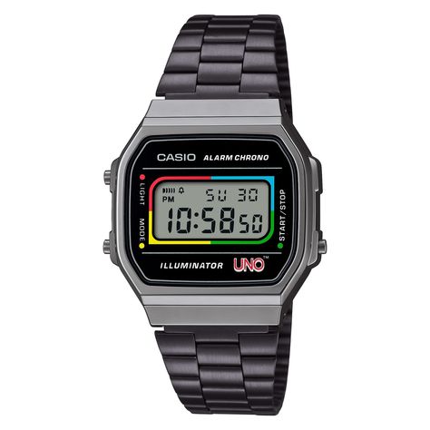 Casio and Mattel's UNO™ have teamed up to create a unique watch design that combines the nostalgia of the iconic A168 watch with the classic card game's retro style, featuring a special UNO™ motif, colors, and engravings, all packaged in eco-friendly materials. Learn more: https://watchclub.com.sg/ #watchclub #watchclubpteltd #watchclubonline #wco #filter #customized #collection #CASIO #uno #retro #digitalwatch #collaboration Casio A168, Classic Card Games, Casio Vintage, D1 Milano, Casio Classic, Timeless Watches, Classic Card, Wild Card, Classic Theme