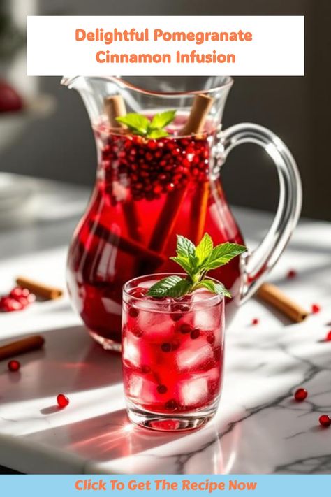 Glass pitcher and glass of pomegranate cinnamon infusion garnished with mint. Pomegranate Water, Water Infusion, Infused Recipes, Cinnamon Water, Spiced Cocktail, Pomegranate Tea, Infused Water Recipes, Hydrating Drinks, Chef Inspiration