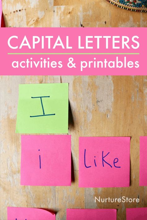 Sticky note easy activity to teach capital letters in sentences - NurtureStore Capitalization Activities, Capital Letters Activities, Spelling Centers, Letter Matching Game, Letter Learning Activities, Sentence Activities, Handwriting Activities, Common Nouns, 2nd Grade Writing