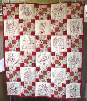 Red Work Embroidery Quilts, Red Work Quilt Patterns, Red Work Quilts, Embroidered Quilt Blocks Ideas, Quilts With Embroidered Blocks, Redwork Quilts, Bluework Embroidery, Redwork Quilt, Redwork Embroidery Patterns