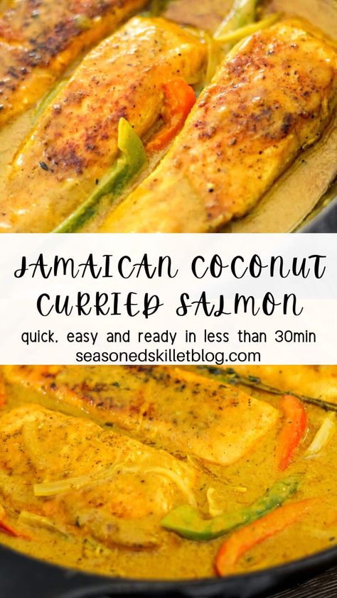 Jamaican Coconut Curried Salmon is a delicious and flavourful salmon recipe that comes together in no time, making it perfect for those with busy schedules. Salmon fillets are nestled in a savoury sauce made from coconut milk, curry powder and infused with thyme, garlic, scotch bonnet and pimento flavours. Make this salmon dish for dinner or as a great addition to the weekly meal-prep lineup! Jamaican Salmon Recipe, Curried Salmon, Coconut Curry Salmon, Curry Salmon, Salmon Meal Prep, Salmon Curry, Jamaican Cuisine, Jamaican Dishes, Delicious Seafood Recipes