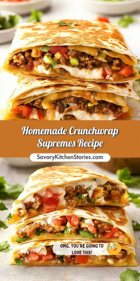 Transform your weeknight dinners with this Homemade Crunchwrap Supremes Recipe! This ground beef recipe layers seasoned beef, cheese, and fresh veggies for a satisfying meal. Easy to customize and fun to eat, these crunchy wraps are a hit for family gatherings or casual get-togethers. Perfectly delicious! Taco Bell Crunchwrap, Homemade Crunchwrap, Crunchwrap Supreme, Beef Wraps, Ground Beef Recipe, Easy Cheese Recipes, Homemade Crunchwrap Supreme, Easy Cheese, Beef Recipe