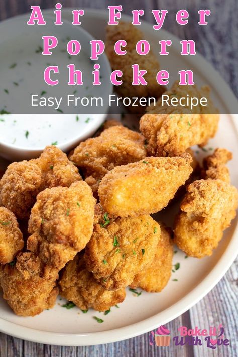 Easy, crispy air fryer frozen popcorn chicken served on matte off-white plate with ranch dressing. Air Fryer Popcorn Chicken, Airfryer Dinner, Chicken Airfryer, Air Fryer Popcorn, Frozen Popcorn, Dipping Sauces For Chicken, Frozen French Fries, Air Fried Food, Fried Foods