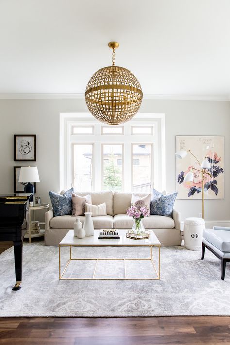 Beige couch with marble coffee table and gold chandelier via Studio McGee Beige Couch, Furnitur Ruang Keluarga, Gold Living Room, Design Blogs, Painted Walls, Design Del Prodotto, A Living Room, Formal Living Rooms, Formal Living