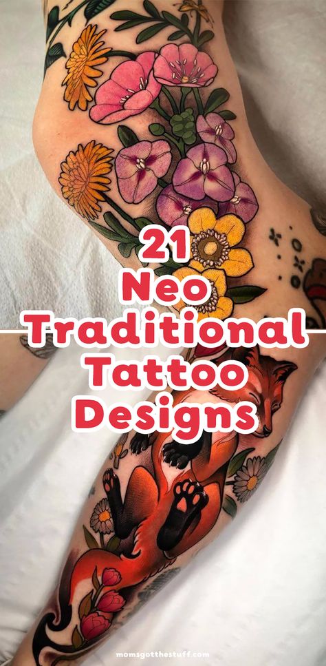 Get inspired with the latest neo-traditional tattoo designs. Get your unique look with one of these 20 designs. There are flower tattoos, fox tattoos, and so much more. Neo Style Tattoo, Neotraditional Flower Tattoo Sleeve, Neo Traditional Rib Tattoo, Neo Trad Flowers Tattoo, Tattoo Sleeve Neo Traditional, Unique Neo Traditional Tattoo, Neo Trad Floral Tattoo, Neo Traditional Fox Tattoo Design, Neo Traditional Flowers Tattoo