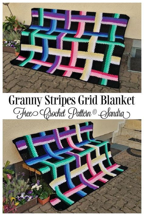 Granny Stripes Grid Blanket Free Crochet Pattern Pixel Blanket Crochet, Granny Square Grid Pattern, Free Crochet Blanket Patterns For Adults, Afghan Squares Crochet Patterns, Granny Square Blanket Pattern Free, Crochet Grid Patterns Free, Grid Crochet Patterns, Crocheted Cow, Intarsia Crochet