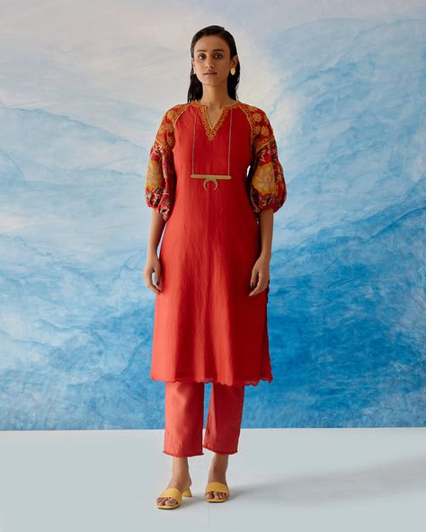 RED BALLOON SLEEVE KURTA WITH FRINGE DETAIL PANTS | C H A N D R I M A Red Kurta, Pakistani Suit, Kurti Neck, Girly Dresses, Red Balloon, Cotton Suits, Kurta With Pants, Kurta Designs, Designer Gowns