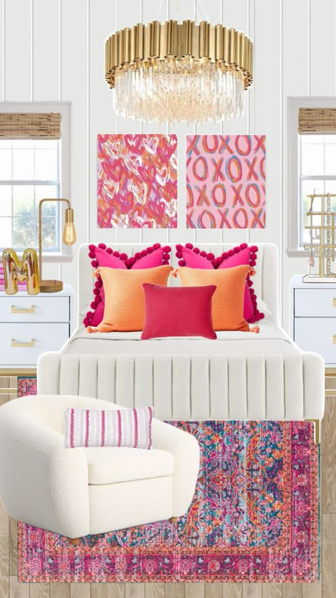 preppy, pink, orange, dorm room, posters, pink and orange bedroom, teen girl bedroom Pink White And Orange Bedroom, Navy Pink And Orange Bedroom, Pink Orange Bedroom Aesthetic, Preppy Teen Bedroom Ideas, Pink Orange Room, Pink And Orange Room Decor, Room Posters Pink, Pink Orange Bedroom, Pink And Orange Dorm Room