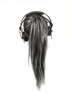 ponytail.backview Long Hair, Headphones, Black And White, Hair, White, Black, Art