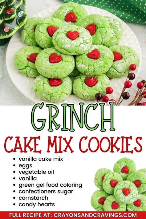 Cake Mix Cookie, Grinch Cake, Christmas Cookie Recipes Holiday, Grinch Cookies, Princess Pinky Girl, Pinky Girl, Christmas Baking Recipes, Heart Sprinkles, Cake Mix Cookie Recipes