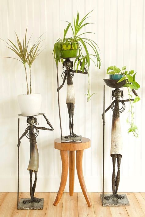 Kenyan metal workers highlight the beauty of recycled cow horn and metal in sculptures that serve double duty as plant pedestals. Available in three sizes, these uncommon plant stands are individually welded, so each is completely one-of-a-kind. Plant Pedestal, Unique Side Table, Metal Workers, Oil Drum, Cow Horns, Tropical Tree, Small Succulents, Handmade African, Plant Stands