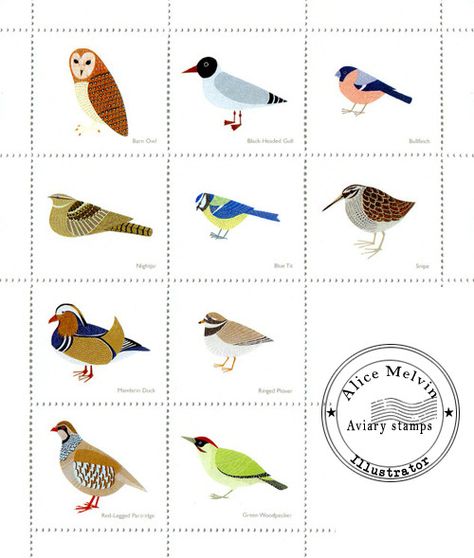 Aviary stamps by illustrator Alice Melvin. Alice Melvin, Shrinky Dink Crafts, Childrens Art Projects, Bird Brain, Bird Designs, Fun Mail, Shrinky Dink, Diy Stamp, Children's Art