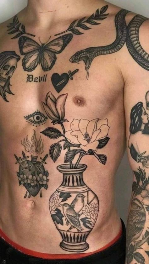 Many Tattoos, Patchwork Tattoo Ideas, Small Chest Tattoos, Torso Tattoos, Patchwork Tattoo, Tattoo Inspiration Men, Inspiration Tattoos, Tattoos Geometric, Chest Tattoo Men