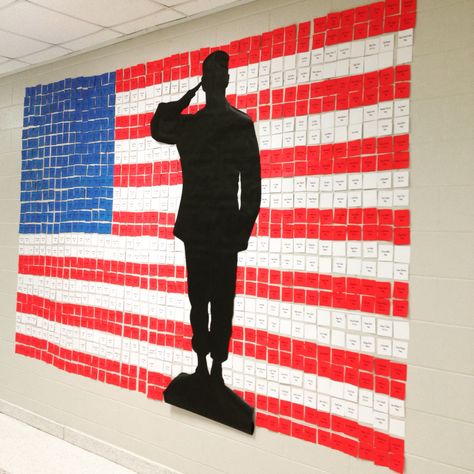 Veterans Day Crafts For Middle School, Veterans Day Program Ideas Elementary, Veteran Bulletin Board Ideas, Veterans Day At School, Veterans Day School Ideas, Veterans Day Wall Of Honor, Veterans Day Display Ideas, Veterans Day Celebration At School, Veterans Day Program Decorations