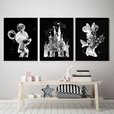 Disney Set Black and White Art Prints Disney Watercolor - Etsy Mickey And Minnie Art, Adult Disney Bedroom, Vintage Disney Nursery, Dream Art Room, Black And White Art Prints, Disney Watercolor, Disney Wall Decor, Disney House, Disney Room Decor